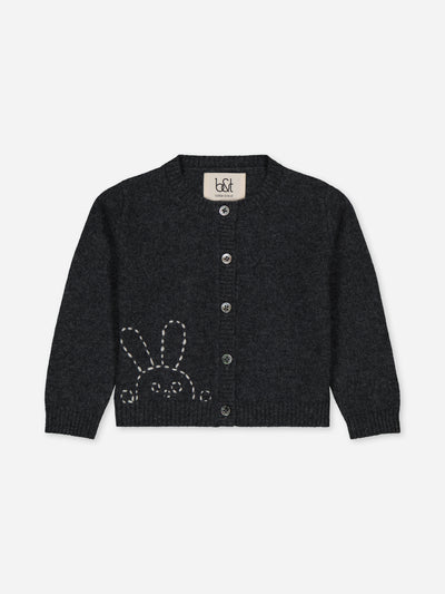 Charcoal baby cardigan with hand-embroidery
