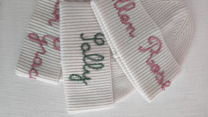 Ivory beanies with personalization