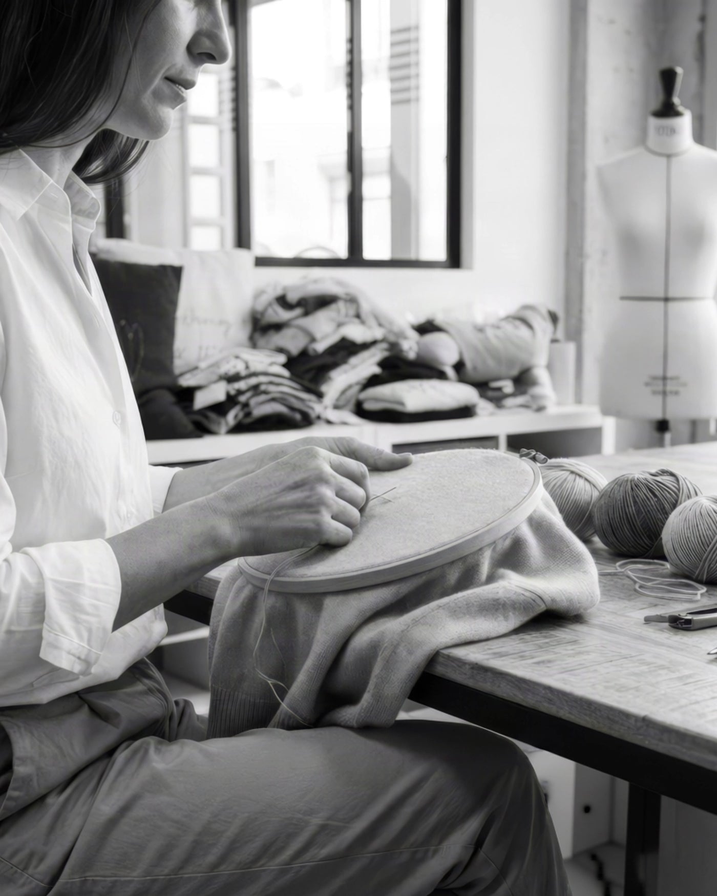 Hand embroidery on cashmere in our Paris atelier