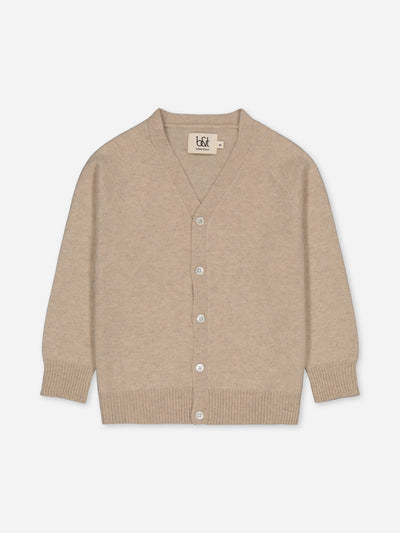Beige kid cardigan knitted in regenerated cashmere.