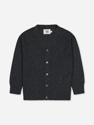Charcoal kid cardigan knitted in regenerated cashmere.