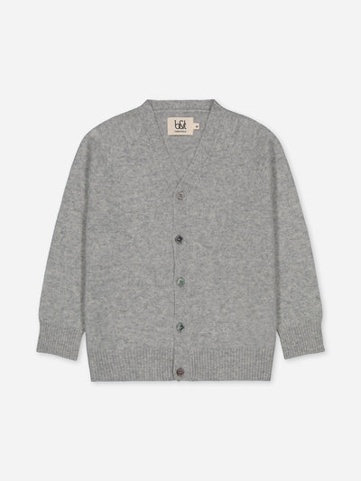 Grey kid cardigan knitted in regenerated cashmere.