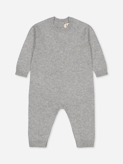 Grey baby jumpsuit in regenerated cashmere to personalize