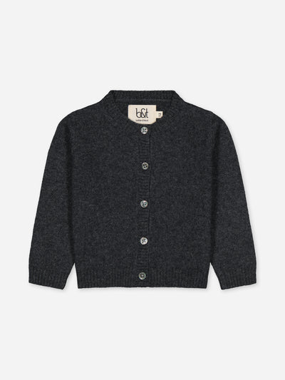 Charcoal baby cardigan knitted in regenerated cashmere 